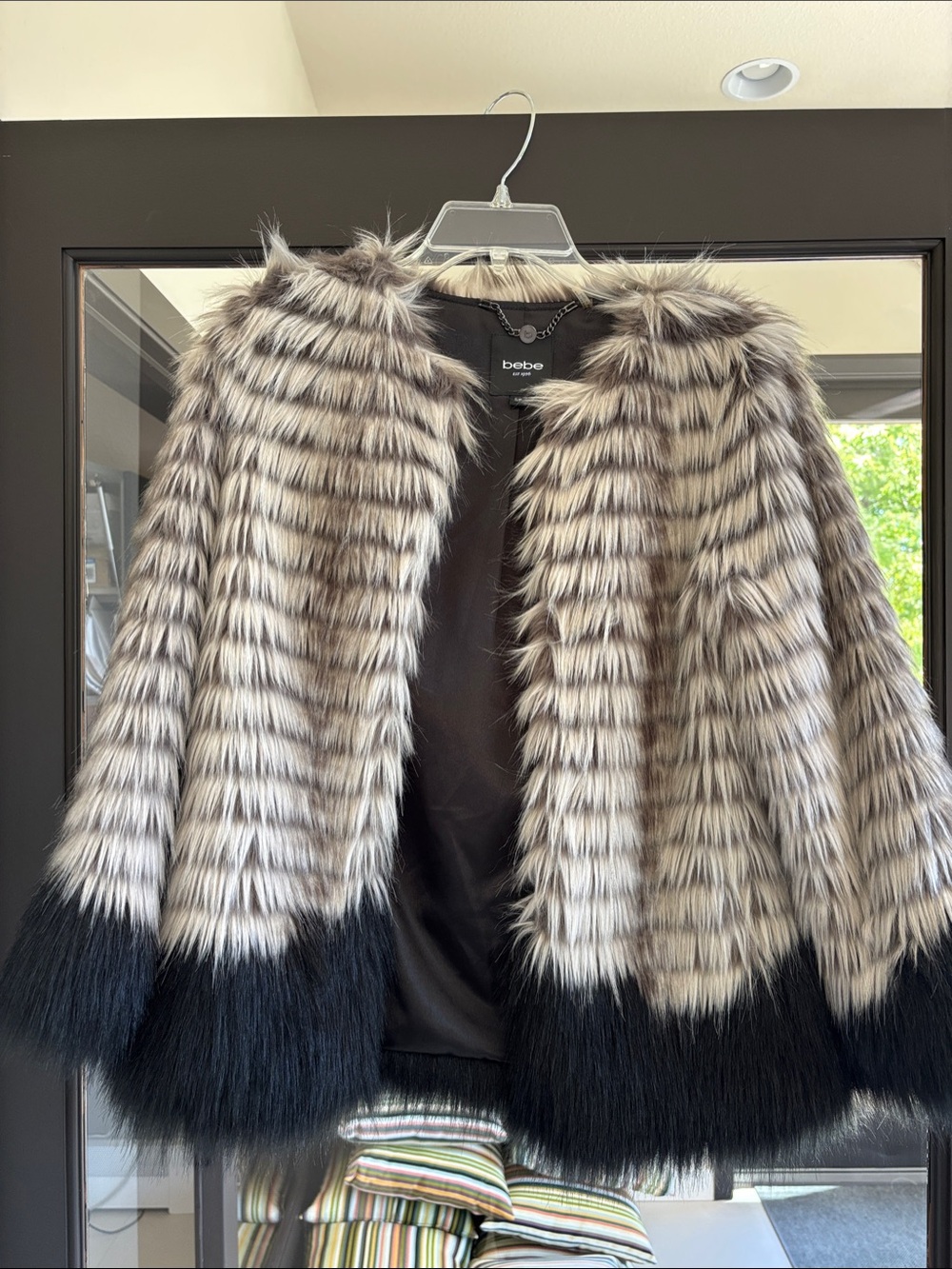 bebe Black and Gray Faux Fur Jacket with Black Trim Size Small